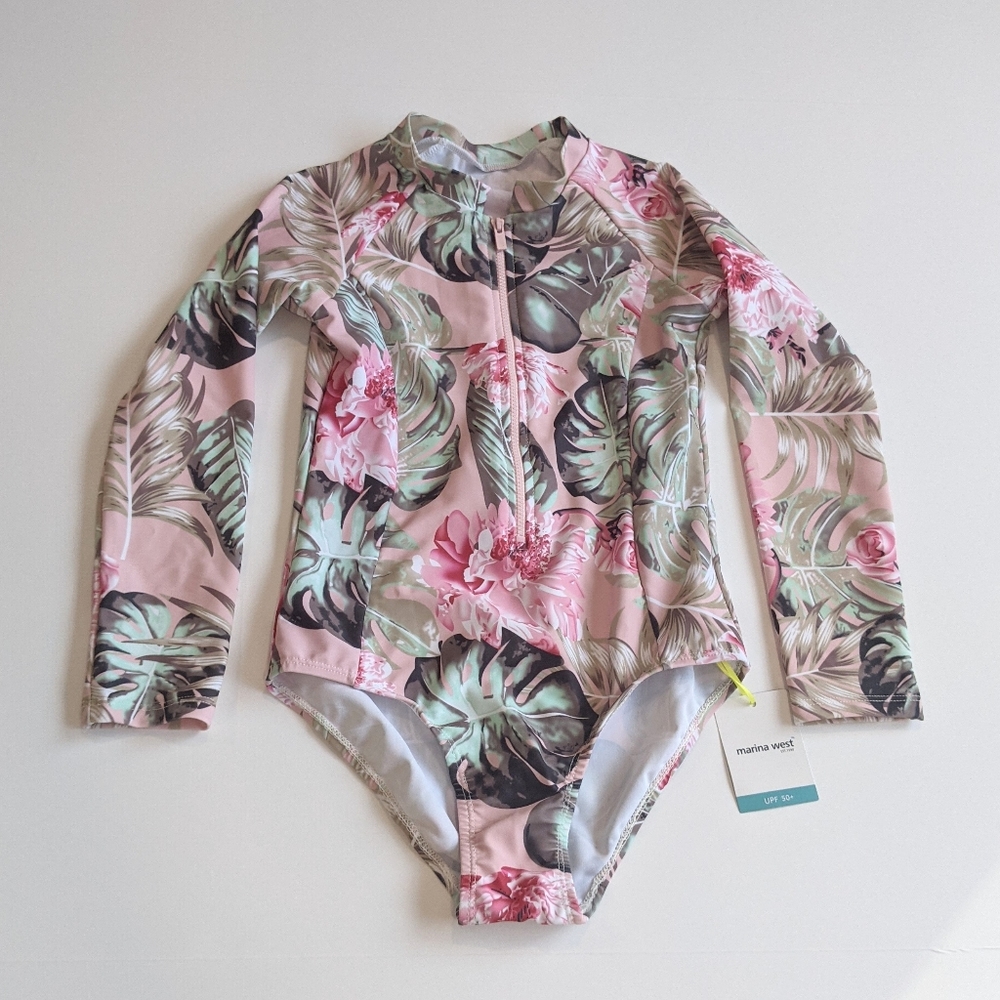 Girls Swimsuit, One Piece, Flower Print, Size 10/11, Long Sleeves
